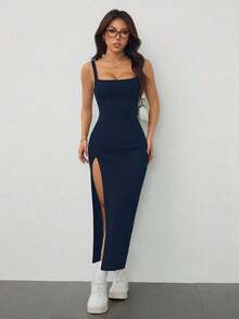 Vestido largo ajustado de mujer con abertura alta, de punto acanalado elástico y tirantes anchos, atuendo de vacaciones para mujer - Azul marino - Ver 3