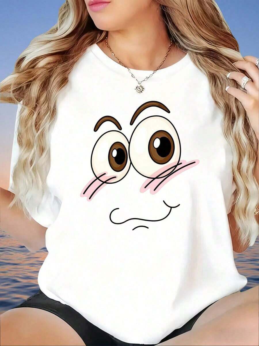Camiseta Blanca Holgada con Estampado de Cara de Dibujos Animados para Mujer, Top Casual de Verano, Camiseta Gráfica de Moda, Camiseta para Mujer - Blanco - Ver 1