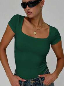 Camiseta unicolor de cuello cuadrado - Verde Oscuro - Ver 7