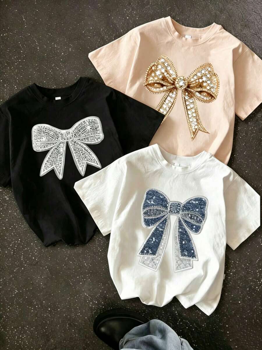 New Casual And Cute Women's Garment; This Is Not A 3-Piece Set, But A Single Short-Sleeved T-Shirt, Suitable For Streetwear. The Loose-Fitting, Round-Neck Top Is Perfect For Everyday Wear, Camping, Concerts, And Hip-Hop, Rock, And Rap Events. This Versatile, Loose-Fitting, Round-Neck T-Shirt With A Bow Print Is Ideal For Daily Wear, Vacations, And Summer. - 白色 - 查看 1