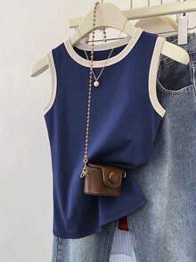 Camiseta de tirantes casual y versátil con ribete de contraste y cuello redondo para el verano - Azul marino - Ver 1