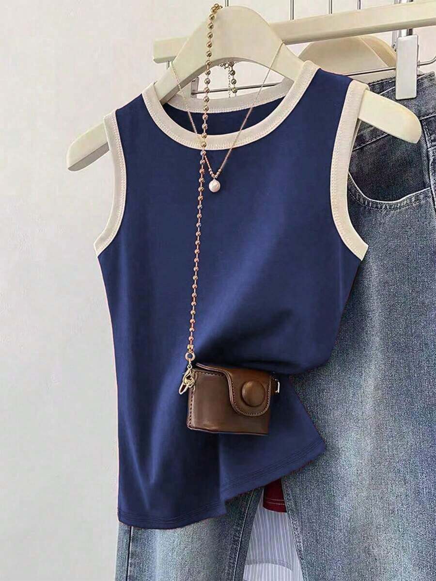 Camiseta de tirantes casual y versátil con ribete de contraste y cuello redondo para el verano - Azul marino - Ver 1