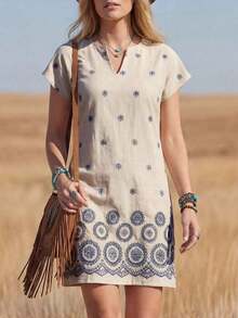 Vestido casual de mujer con estampado floral, cuello en V y manga corta para vacaciones - Azul y blanco - Ver 3