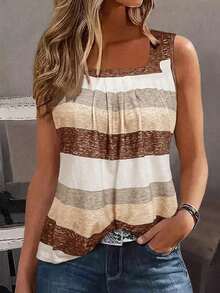 Camiseta sin mangas de mujer con bloques de color y rayas, estilo casual para vacaciones - Amarillo Mostaza - Ver 7