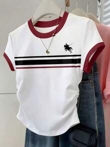 Camiseta casual de mujer para deportes al aire libre, nueva llegada de verano, adecuada para citas, vuelta al colegio, con estampado de rayas y flores, corte regular - Multicolor - Ver 6