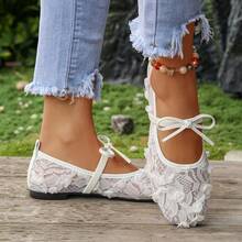 Women's Breathable Hollow Floral Pattern Low Vamp Square Toe Flat Shoes, Lace Mesh Material, Comfortable For Daily Commute In Summer, White Color - White - View 3
