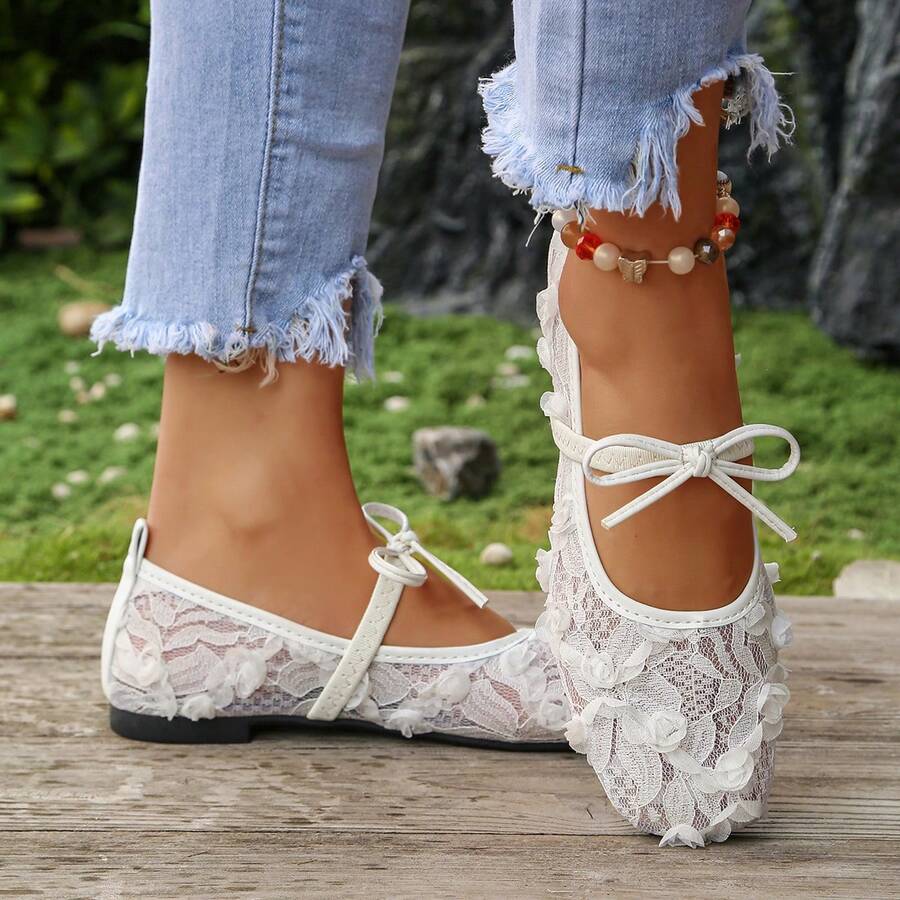 Women's Breathable Hollow Floral Pattern Low Vamp Square Toe Flat Shoes, Lace Mesh Material, Comfortable For Daily Commute In Summer, White Color - White - View 1