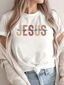 Women's Pure Cotton Casual T-Shirt, 100% Cotton, 1 Unit, Printed With "JESUS", Short Sleeve, Round Neck, Suitable For All Seasons, Knit Fabric, Regular Length - 180 Grams/Square Meter, 100% Pure Cotton. - 白色 - 查看 1