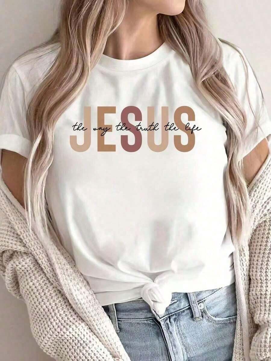 Women's Pure Cotton Casual T-Shirt, 100% Cotton, 1 Unit, Printed With "JESUS", Short Sleeve, Round Neck, Suitable For All Seasons, Knit Fabric, Regular Length - 180 Grams/Square Meter, 100% Pure Cotton. - 白色 - 查看 1