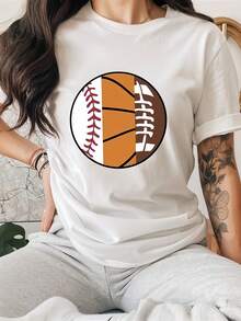 Women's Casual Short Sleeve T-Shirt - Basketball, Baseball And Football Graphic Print, Breathable Crew Neck, Machine Washable Sports Top For Spring/Summer - [白色的] - 查看 1