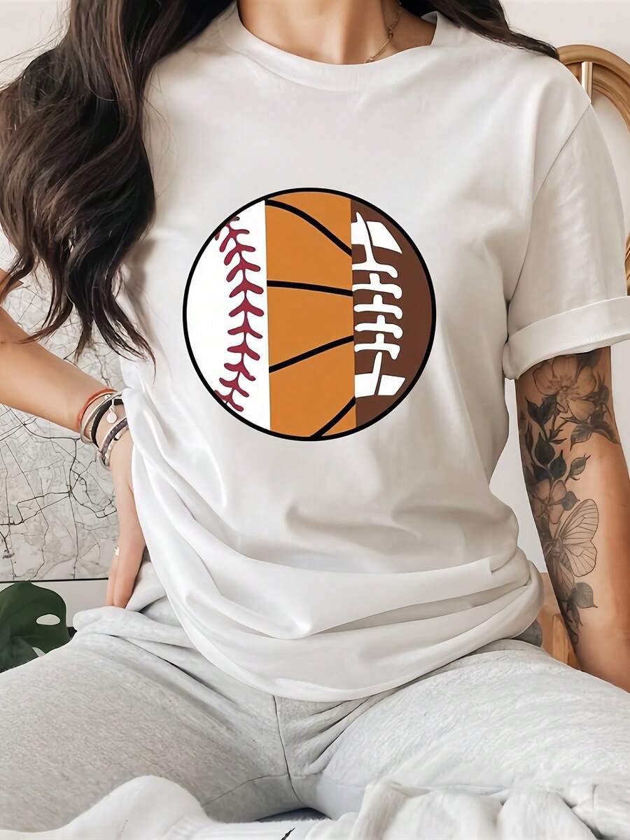 Women's Casual Short Sleeve T-Shirt - Basketball, Baseball And Football Graphic Print, Breathable Crew Neck, Machine Washable Sports Top For Spring/Summer - [白色的] - 查看 1