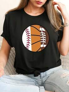 Women's Casual Short Sleeve T-Shirt - Basketball, Baseball And Football Graphic Print, Breathable Crew Neck, Machine Washable Sports Top For Spring/Summer - 黑色 - 查看 1