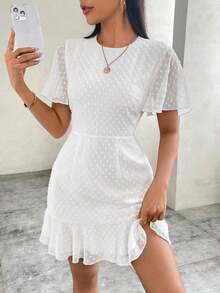 Vestido de gasa de lunares para el Día de San Valentín para mujeres con mangas con volantes y dobladillo acampanado - Blanco - Ver 7