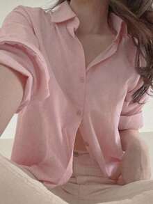 Blusa holgada y versátil de unicolor para mujer, prenda de vestir de otoño con manga larga - Rosa - Ver 9