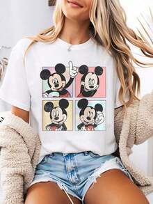 Women's Printed T-Shirt With A Vintage-Inspired Cartoon Design Featuring A Four-Panel Illustration. This Crew Neck Summer T-Shirt Is Made From A Soft And Comfortable 100% Cotton Fabric, Perfect For Everyday Wear, Outdoor Activities, Or Shopping. It's Also An Ideal Choice For Women's Vacation Wear. - 白色 - 查看 8