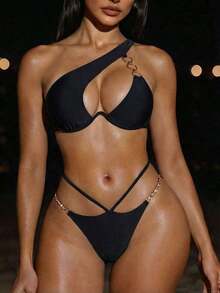 Conjunto de bikini para mujer, uso casual y sencillo para el verano - Negro - Ver 8