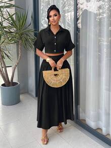 AIJ Amarilo 女款 2 件套 - 短袖上衣與高腰長裙，性感度假風夏季套裝，黑色優雅 - 黑色 - 查看 6