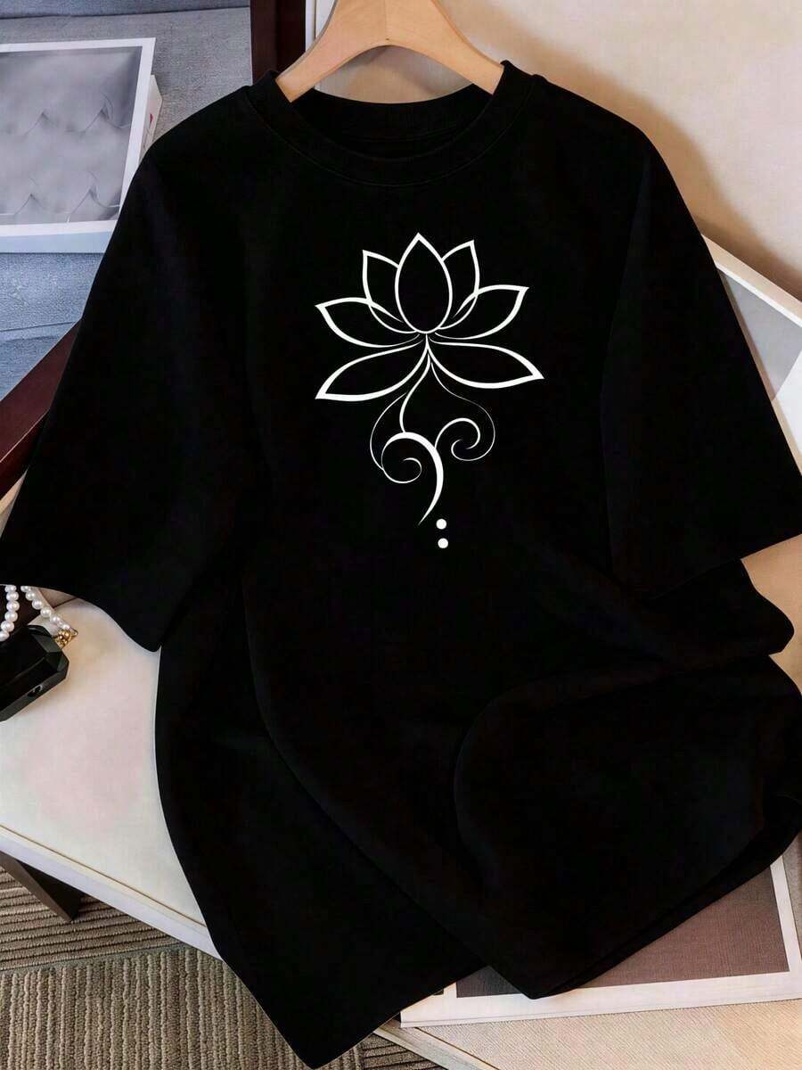 Women's Summer LooseTop, Casual Short Sleeve T-Shirt With Magnolia Flower Print Design, Everyday Casual Wear, Lightweight And Breathable Fabric, Casual Top For Women | RADCBasic Women's Basic Tops Women's Cotton Crew Neck T-Shirt - 黑色 - 查看 1