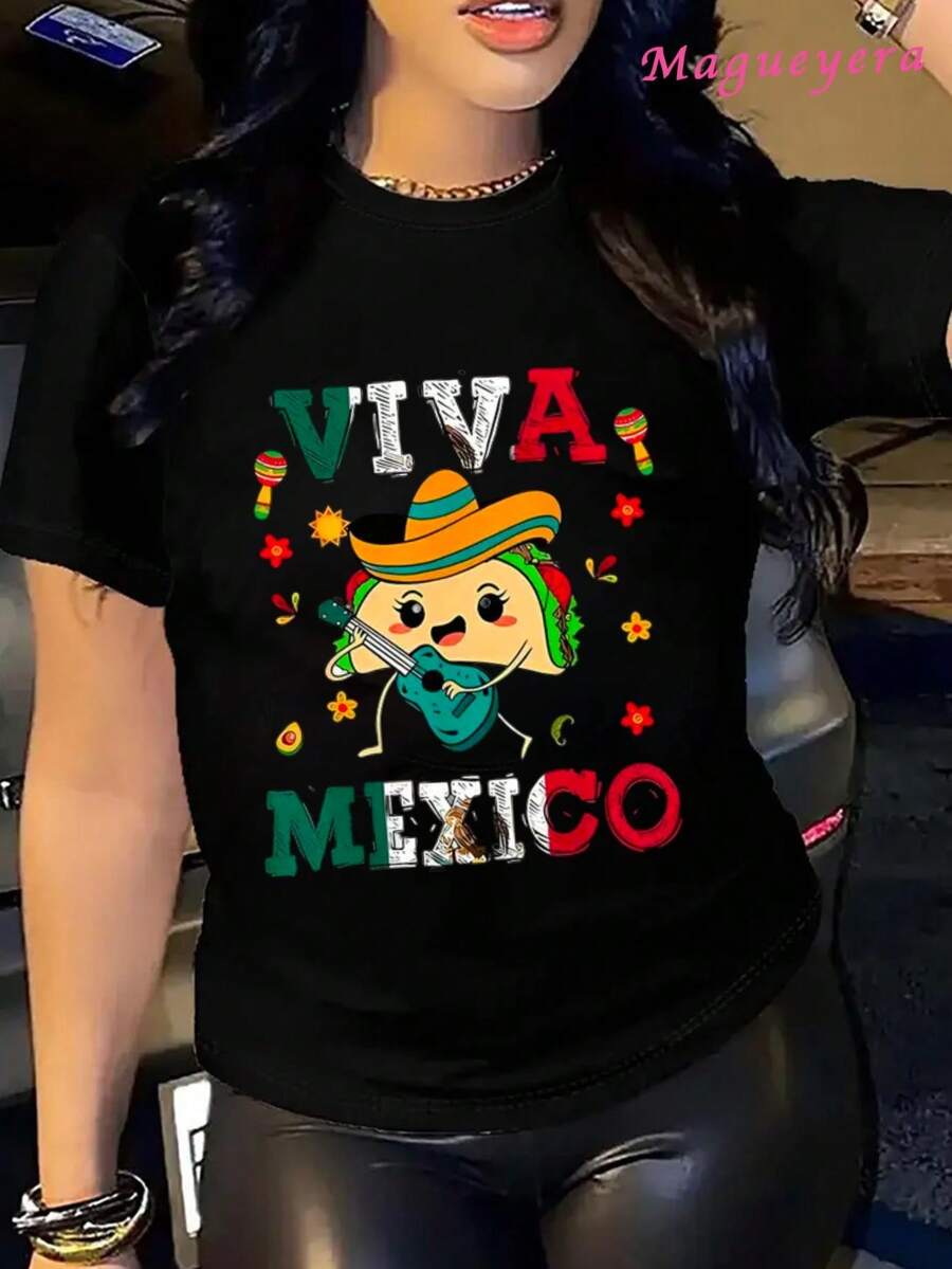Limited Edition MGY Viva Mexico Graphic T-Shirt For Women, Size -% Cotton, Short Sleeve, Crew Neck, Casual Style With Vibrant Mexican Culture Design, Maracas, Sombrero And Chiles Print, Black And Red/Blue Green, Machine Washable, All Season Comfort, Lightweight Cotton - 黑色 - 查看 1