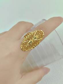 1枚精致镂空金色四叶花及邪眼十字架设计戒指，复古花卉图案戒指，情人节礼物（送给她） - 款式14-B - 查看 7