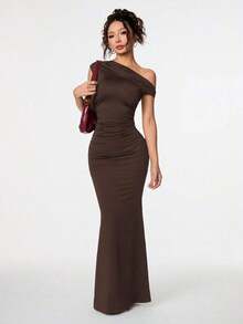 Ropa de verano, atuendos para citas diarias y viajes, atuendos de fiesta, atuendos interiores elegantes para mujeres, atuendos para salir, vestido asimétrico de sirena extra largo con hombros caídos, atuendos de club para mujeres, atuendos de - Café integral 3 - Ver 1