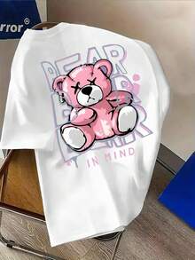 Camiseta de hombre% algodón con estampado de oso rosa, adecuada para uso casual diario, estilo urbano, camiseta de cuello redondo para hombre, corte holgado con hombros caídos, se puede usar en todas las estaciones, para usar en capas en primavera y otoño, o sola en verano, estilo unisex, adecuada para amigos, camiseta moderna de algodón de alta calidad. - Blanco - Ver 11