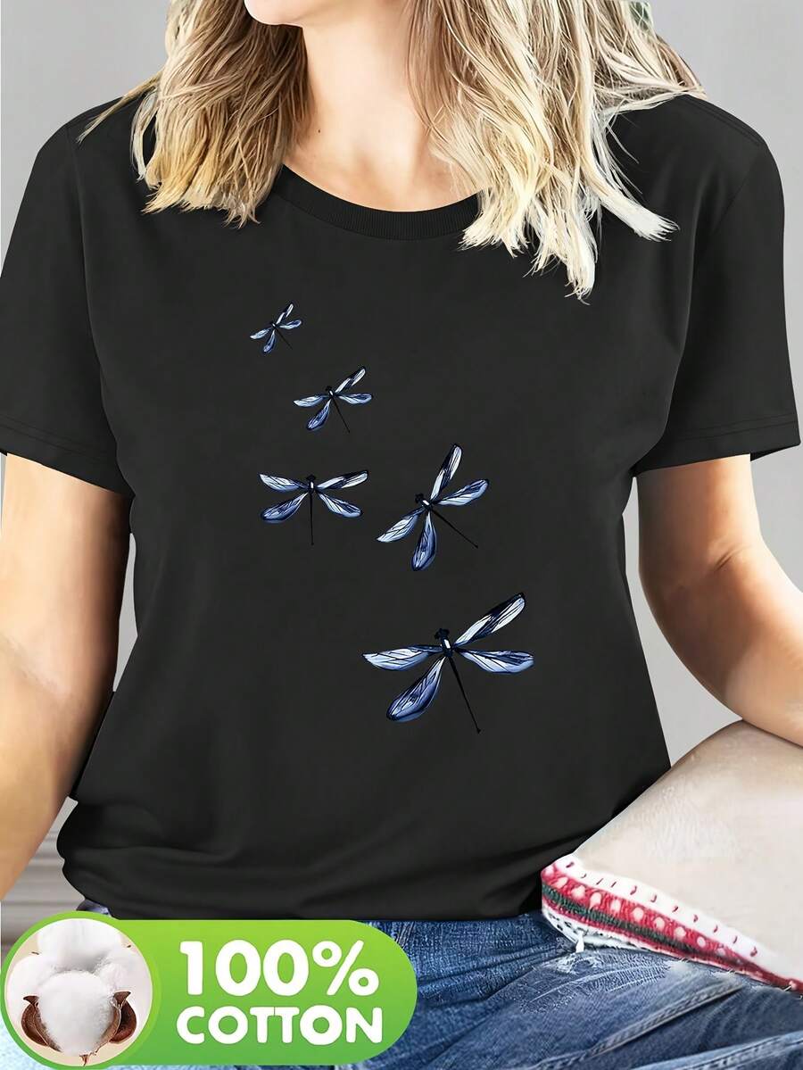 100% Pure Cotton Short-Sleeved T-Shirt With Letter Prints, Classic Cut For Women's Clothing. It's A Basic Casual Crew Neck T-Shirt For Spring And Summer That Is Machine Washable. It's Loose And Casual, Suitable For Wearing At Home Or To Parties. - 黑色 - 查看 1