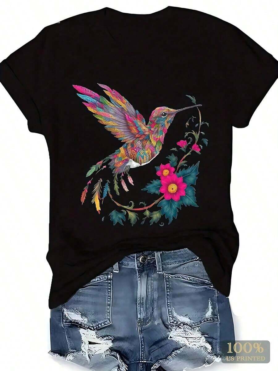Camiseta mujer algodón 100% negra con estampado colorido de colibrí y flores, diseño artístico casual, manga corta cómoda para primavera y verano - Negro - Ver 1