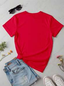 Women's Basic T-Shirt, Round Neck, Short Sleeve, Gothic LB Letter Print, Casual Slim Fit Graphic Tees For Women, Soft Texture Cotton, Fortiz 100% Cotton - 紅色的 - 查看 2