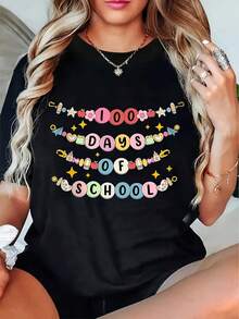 1 camiseta de mujer con diseño de 100 días - Suave y transpirable, cuello redondo, mangas cortas, letras coloridas con cuentas y diseño de regreso a clases de 100 días - Regalo para maestros, 100 días más inteligente - Corte casual unisex y cómodo, lavable a máquina, adecuada para todas las estaciones, 180g Algodón 100%. - Negro - Ver 6