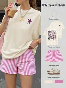 Conjunto de camiseta de manga corta holgada con estampado floral y pantalones cortos a rayas para mujer, adecuado para vacaciones en la playa, traje de mujer, conjunto de verano para mujer, atuendo de vacaciones, ropa de viaje, estilo de playa, ropa de vacaciones minimalista elegante en color rosa - Multicolor - Ver 1