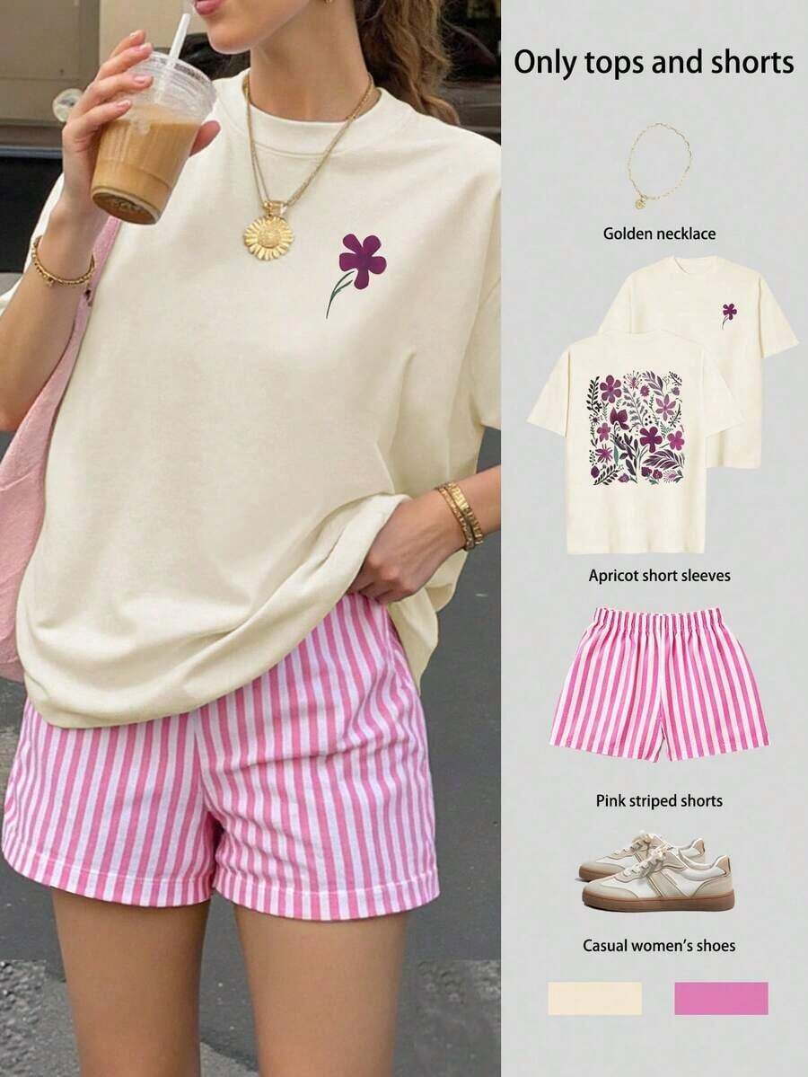 Conjunto de camiseta de manga corta holgada con estampado floral y pantalones cortos a rayas para mujer, adecuado para vacaciones en la playa, traje de mujer, conjunto de verano para mujer, atuendo de vacaciones, ropa de viaje, estilo de playa, ropa de vacaciones minimalista elegante en color rosa - Multicolor - Ver 1