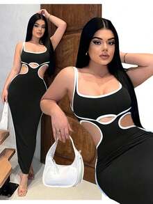 YHHSHEIN  Vestido largo de verano para mujer de ajuste ceñido con recortes de color contrastante y diseño caladoYHH - Rojo - Ver 7