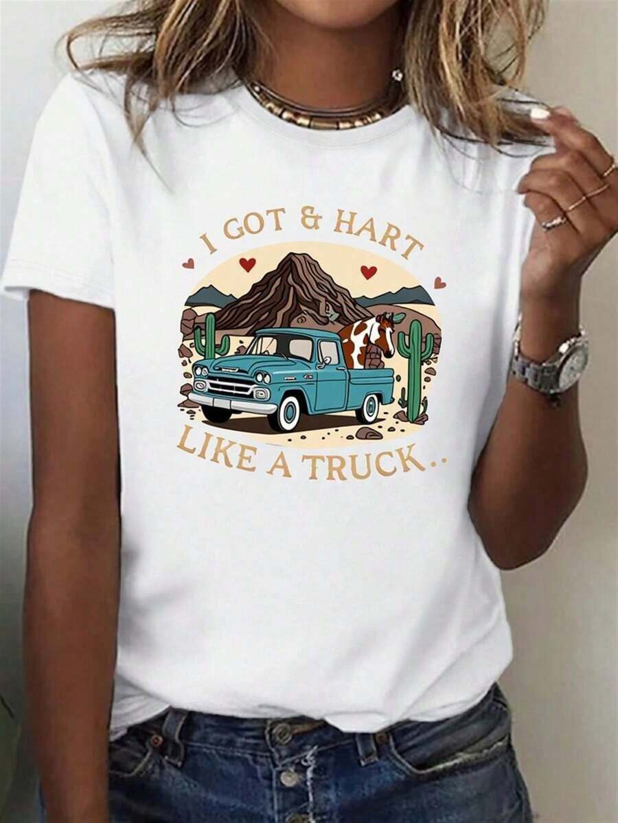 ropa de mujer Camiseta Vintage con Estampado de Camión y Cactus para Mujer - Diseño Retro del Desierto - Camiseta Suave y Transpirable - Top de Manga Corta de Corte Clásico para Fiestas Temáticas de Estilo Country Western, Atuendos Casuales de Uso Diario - Camiseta Ligera de Uso Diario, Ropa Urbana para Mujer, Camiseta para Mujer, Camiseta "Mama" para Mujer, Camiseta "Pumpkin" para Mujer, Ropa de Verano para Mujer, camisas de mujer - Blanco - Ver 1
