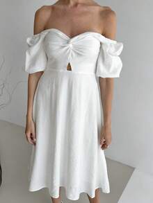 Vestido francés cuello cuadrado con textura arrugada, mangas abullonadas y corte A, modelo elegante 2026. - Blanco - Ver 11