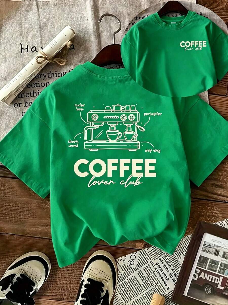 | 1 Women's 100% Breathable Cotton T-Shirt | Graphic Tee For Coffee Lovers - Cute Espresso Machine Design With Coffee Lovers Club Text - Soft Everyday T-Shirt For Coffee Enthusiasts - White Crew Neck Top For Casual Outfits And Cafe Visits, Coffee Bar Accessories, Comfortable Fit, Loungewear, Fun Print, Breathable Material, Short Sleeve T-Shirt, Women's - Ideal For Summer Cotton T-Shirt - 綠色 - 查看 1