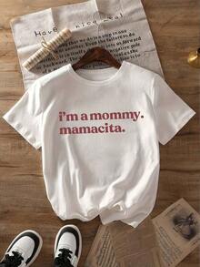 Women's Burgundy Casual T-Shirt With The Phrase "I Am Mama". Short-Sleeved T-Shirt With "Mamacita" Print, Lightweight And Modern Style For Moms, Suitable For Vacation, Summer, Spring, White Color. - 黑色 - 查看 2