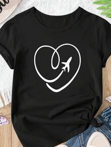 Camiseta de Verano Casual de Manga Corta con Diseño Estampado en Forma de Corazón - Negro - Ver 7