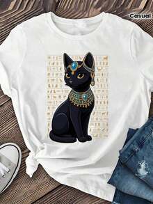 Women's Sets 2026 Women's Egyptian Cat Graphic Print Crew Neck T-Shirt, Regular Length Short Sleeve Casual Tops, Fashionable Daily Streetwear, Cool Women's T-Shirts - 白色 - 查看 7