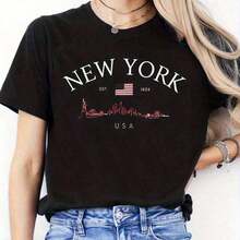 Regalos para Madres: Camiseta Vintage de Nueva York para Mujer - Camiseta Casual de Manga Corta con Cuello Redondo, con Estampado Icónico del Horizonte de Nueva York y Geométricos de Manhattan, Blusa Lavable a Máquina para Viajes, Uso Diario y Combinaciones (No) - Ajuste para Todas las Temporadas para Mujeres Americanas, Ropa de Mujer, Playeras de Mujer - Negro - Ver 4