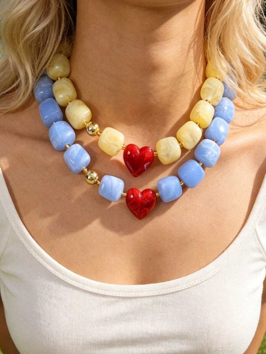 1pc Dopamine Summer Fashion Colorful Resin Geometric Heart Beads And Copper Beads Necklace, Perfect For Vacation, Outings, Beach Parties And Daily Summer Wear. Y2K Style Elegant Women's Jewelry, Jewelry Necklace, Heart Jewelry - Perfect Gift For Friends And Sisters. Vacation Season - Geometric Cube Beaded Necklace - View 1