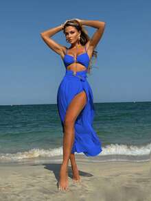 New Three-Piece Swimsuit With Sexy Solid Color Mesh Long Skirt, Bikini - Blue - View 11
