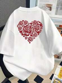 Camiseta de manga corta estampada con diseños en la parte delantera y trasera - Forma de corazón con rosa roja, Día de San Valentín - Camiseta estampada para mujer, primavera/verano, ¡tu mejor elección! Transpirable y cómoda. - Blanco - Ver 2