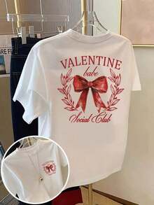 Camisetas de talla grande para mujer - Camiseta holgada de hombros caídos, camisetas casuales de manga corta, camiseta estampada de manga corta con diseños en la parte delantera y trasera - Día de San Valentín, lazo en forma de corazón - Camiseta estampada de primavera/verano para mujer, artículo de moda, versátil y casual, transpirable y cómoda. - Blanco - Ver 12