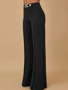 Women's Elegant High-Waist Wide-Leg Pants With Gold Chain Decor, Fashionable Polyester Long Pants, Suitable For New Year Outfit, Non-Stretch Full Length Design Solid Color Metal Chain Office Professional - Black - View 5