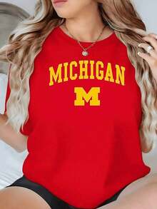 LooseCamiseta Estampada de Mujer con Diseño Universitario Amarillo,Moderna y Casual,Ideal para el Verano y el Uso Diario.Basic Crew Neck Cotton T-shirt for Women - Rojo - Ver 7