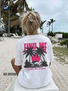 Camiseta Casual 2026, Nueva Llegada de Verano: [Estampado de Doble Cara] Camiseta Casual de Manga Corta con Cuello Redondo para Mujer, 100% Algodón, para Primavera y Verano. Blusa de mujer moderna, casual y holgada con estampado vintage de palmeras al atardecer, perfecta para vacaciones de verano en la playa. Lavable a máquina, tela cómoda, mangas cortas de algodón puro, 100% algodón, duradero. - Blanco - Ver 3