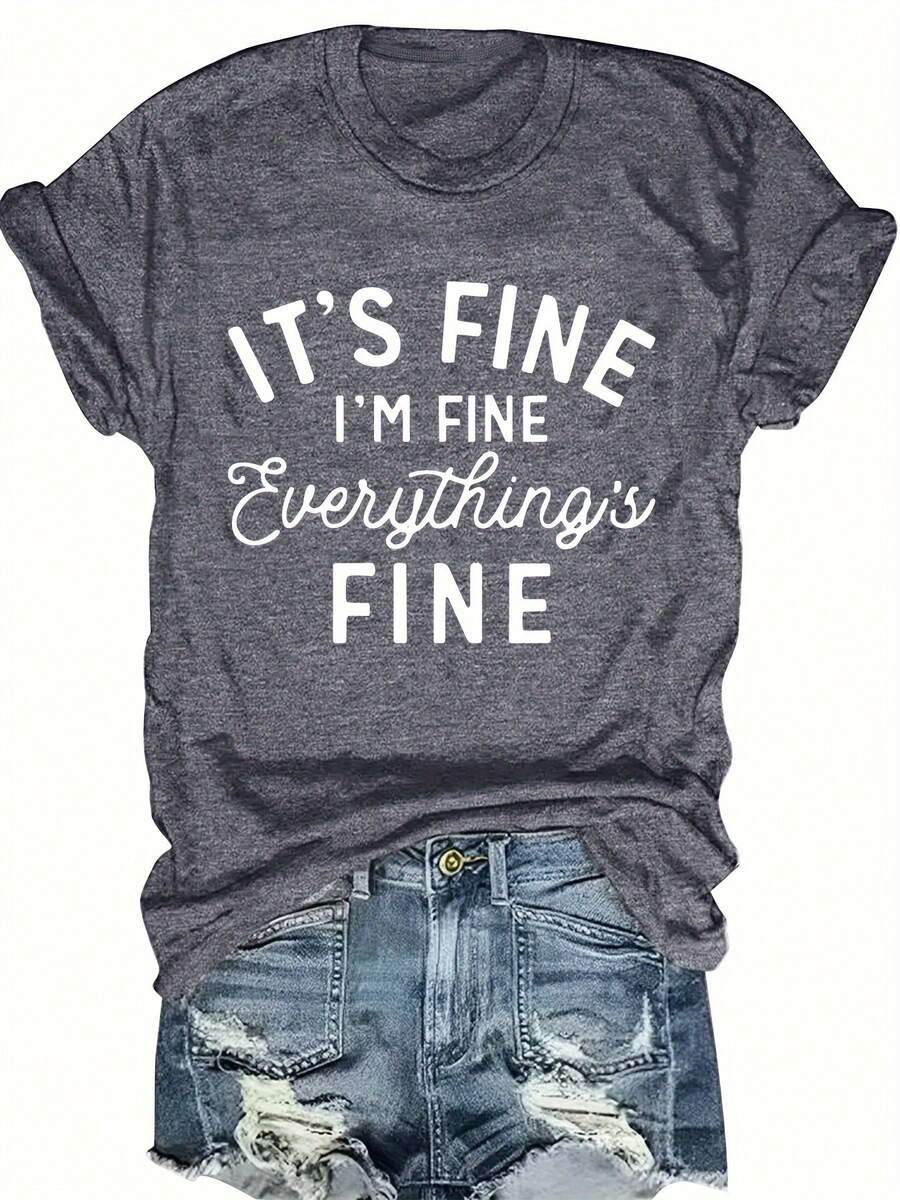 Camiseta de Moda de Talla Grande, Manga Corta, Cuello Redondo, con la Frase "IT's FINE" - Gris Oscuro - Ver 1