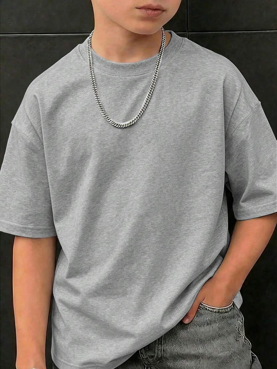 Tween Boy Summer Handsome Stylish Solid Color Short Sleeve Round Neck T-Shirt - Grey - View 1