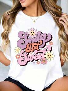 20261pc Camiseta Blanca para Mujer con Estampado Retro de Flores y Sonrisas, Cuello Redondo, Camiseta Casual de Algodón, Tejido de Punto de Elasticidad Media, Corte Regular para Damas, Tallas S-XXXL, de alta calidad, ideal para el verano. - Blanco - Ver 1